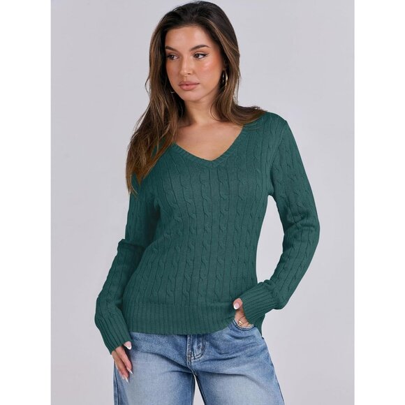 Women Deep Green Pull On Cable Knit Long Sleeve V Neck Fitted Casual Sweater - Picture 2 of 6